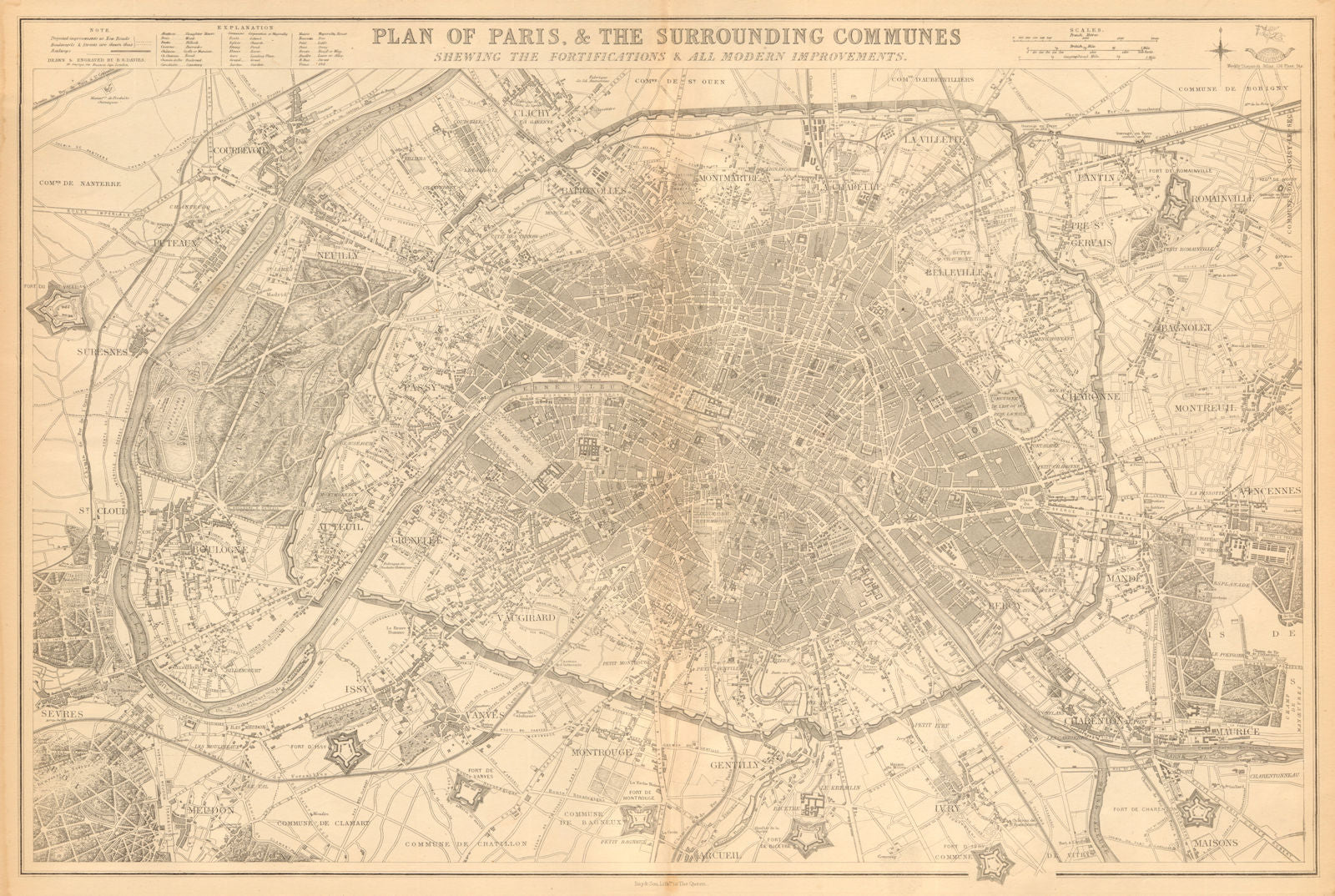 PLAN OF PARIS & SURROUNDING COMMUNES. Fortifications.  BR DAVIES 1863 old map